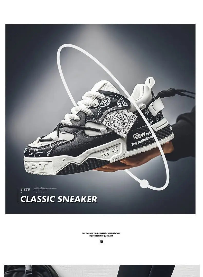 Men’s 2025 Platform Sneakers – Trendy Graffiti Skateboard Lace-Up, Soft Sole, Non-Slip Outdoor Sports Shoes