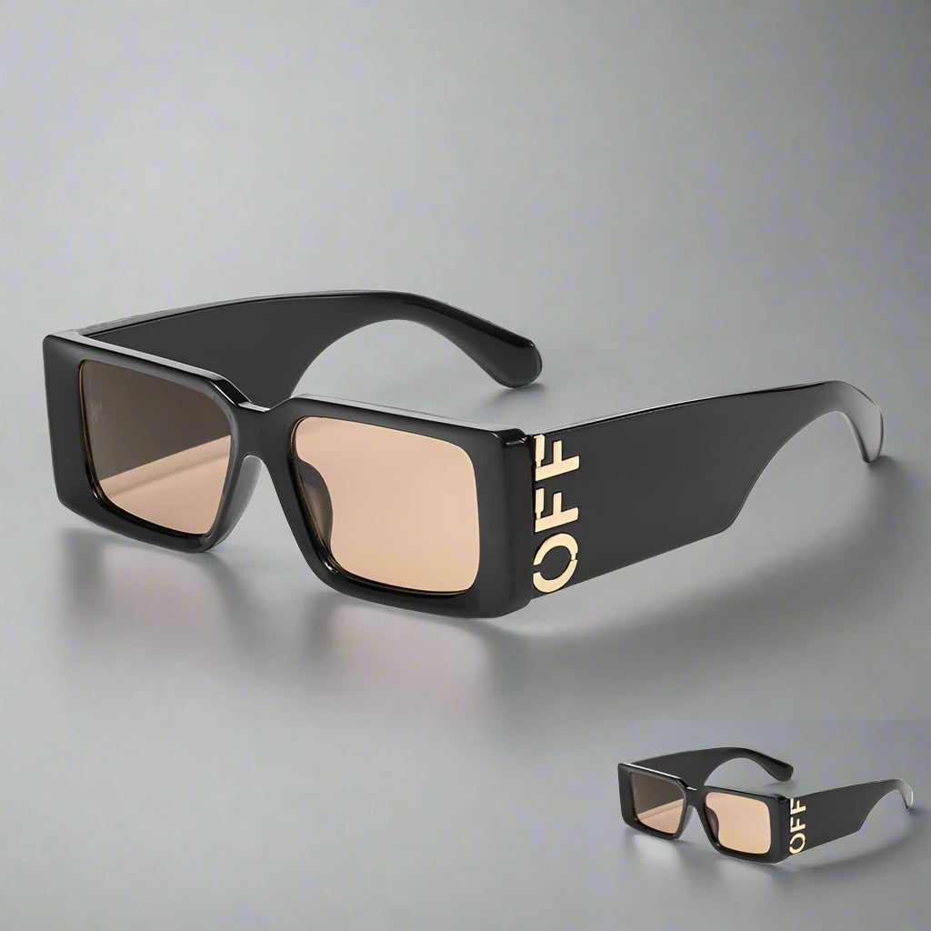 Black sunglasses with 'OFF' branding on a white background, featuring a 'Buy 1 Get 1 Free' offer.