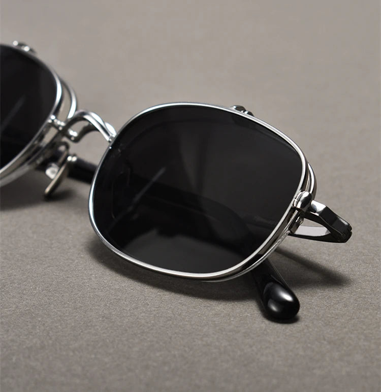 RBB Vintage Titanium Square Glasses Frame with Flip-Up Sunglasses – Semi Rimless Eyewear for Men & Women