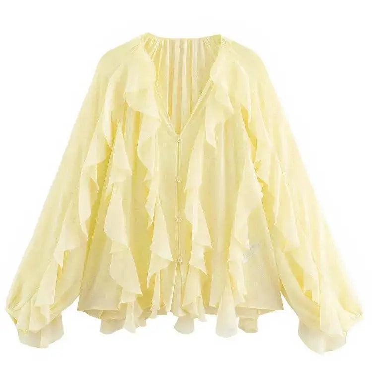 RBB Women's Summer V-Neck Ruffle Blouse – Sheer Tiered Button-Front Beach Top