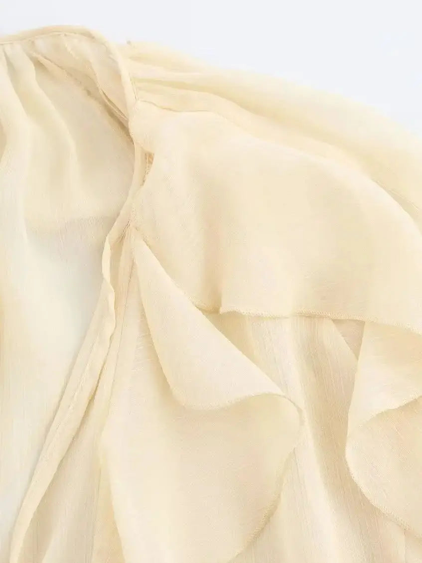 RBB Women's Summer V-Neck Ruffle Blouse – Sheer Tiered Button-Front Beach Top