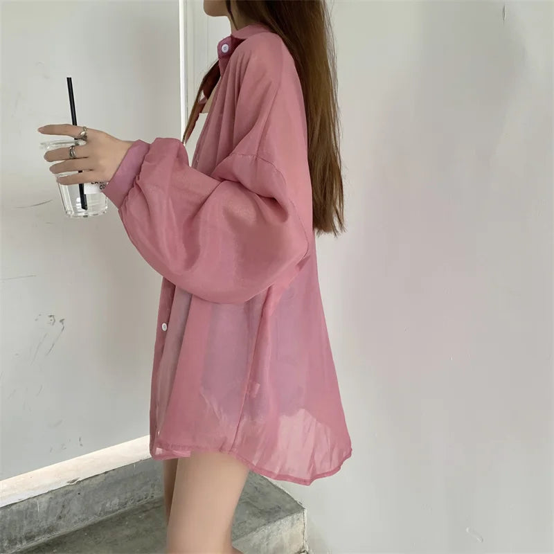 RBB Women’s Semi-Sheer Shimmer Long Sleeve Shirt – Lightweight Button-Down Collared Top for Spring/Summer