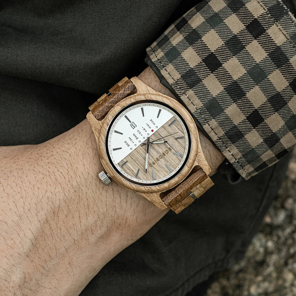 RBB Men's Wooden Quartz Watch – Unique Design with Week & Date Display