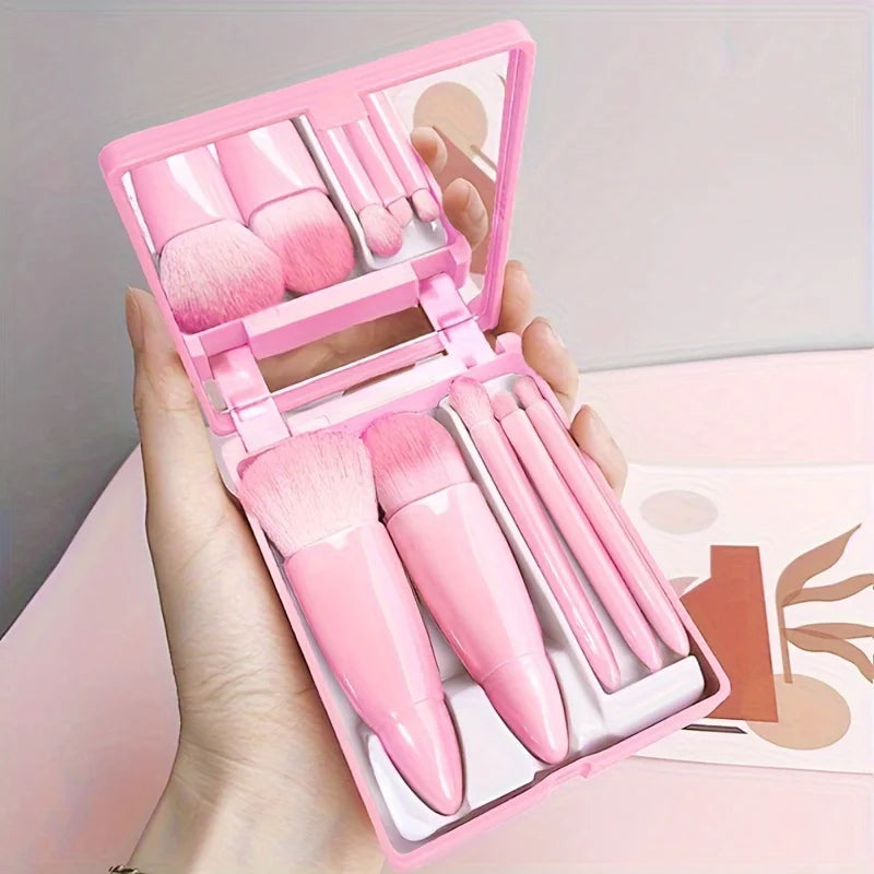 Portable Makeup Brush Kit – 5 Pcs with Foldable Mirror