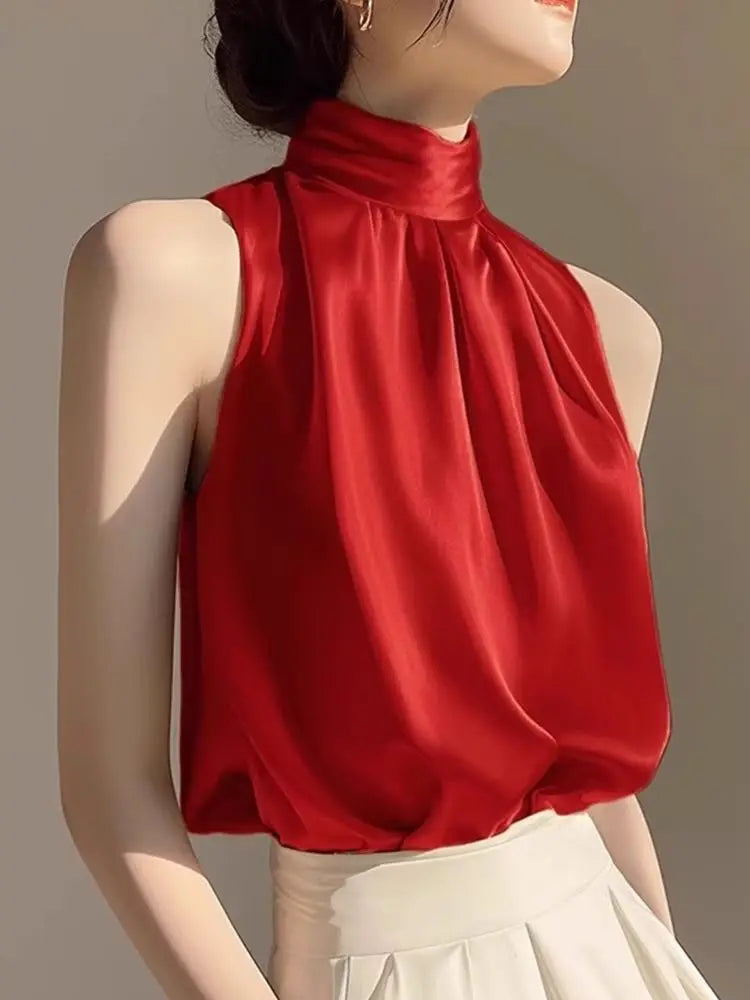 RBB Women's Silky Satin Sleeveless Crop Top – Summer Half Turtleneck Party Blouse