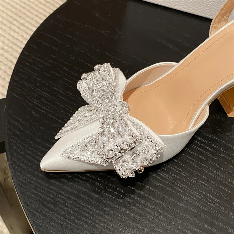 RBB Rhinestone Bow Pointed Toe Pumps – Silk High Heels for Party & Prom