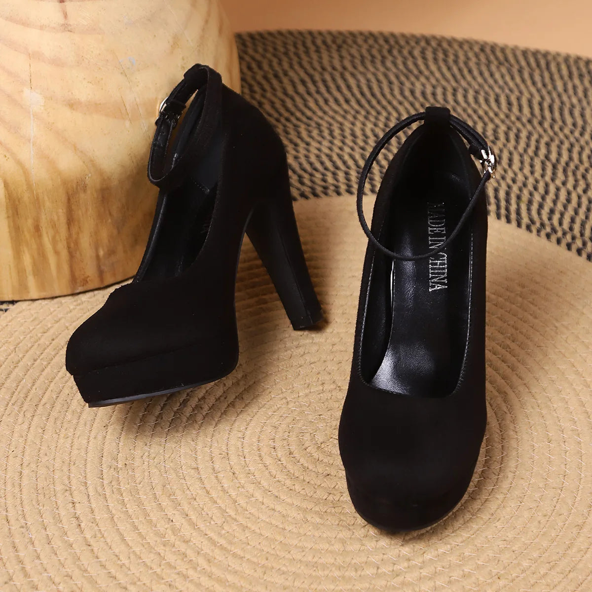 RBB Large Size 42 Sexy Super High Heels Women’s Ankle Buckle Chunky Platform Pumps — Black Flock Square Heel Party Shoes