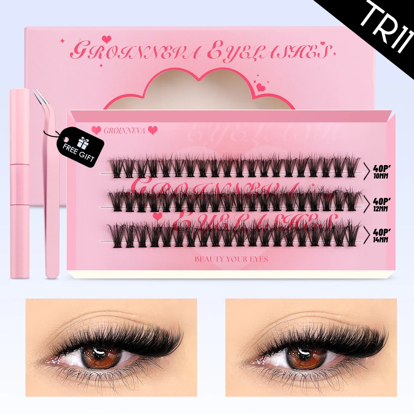 DIY Lash Clusters Set – Mixed Fluffy Individual Extensions with Lash Bond & Seal Kit