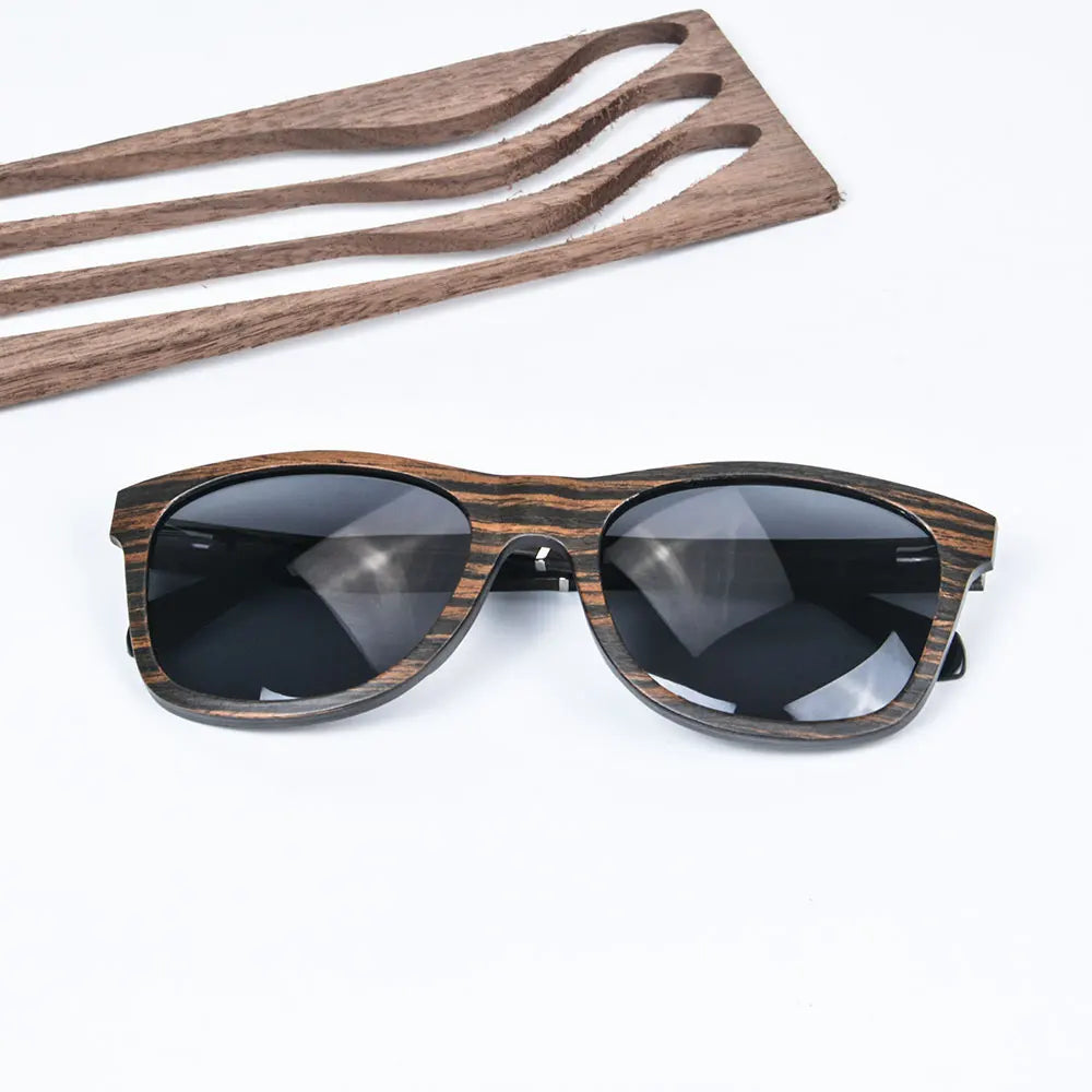 RBB Polarized Wood Frame Sunglasses – Unisex Square Ebony Shades for Biking & Outdoor Wear
