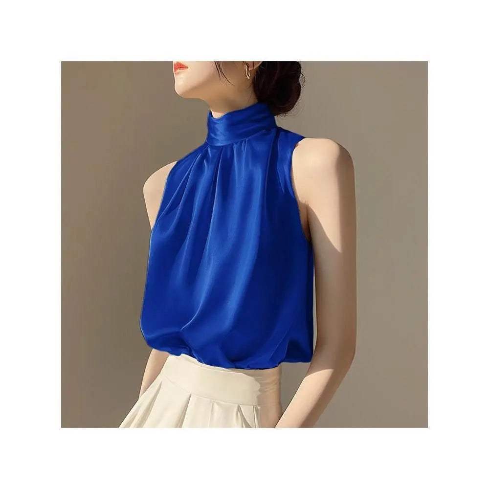 RBB Women's Silky Satin Sleeveless Crop Top – Summer Half Turtleneck Party Blouse