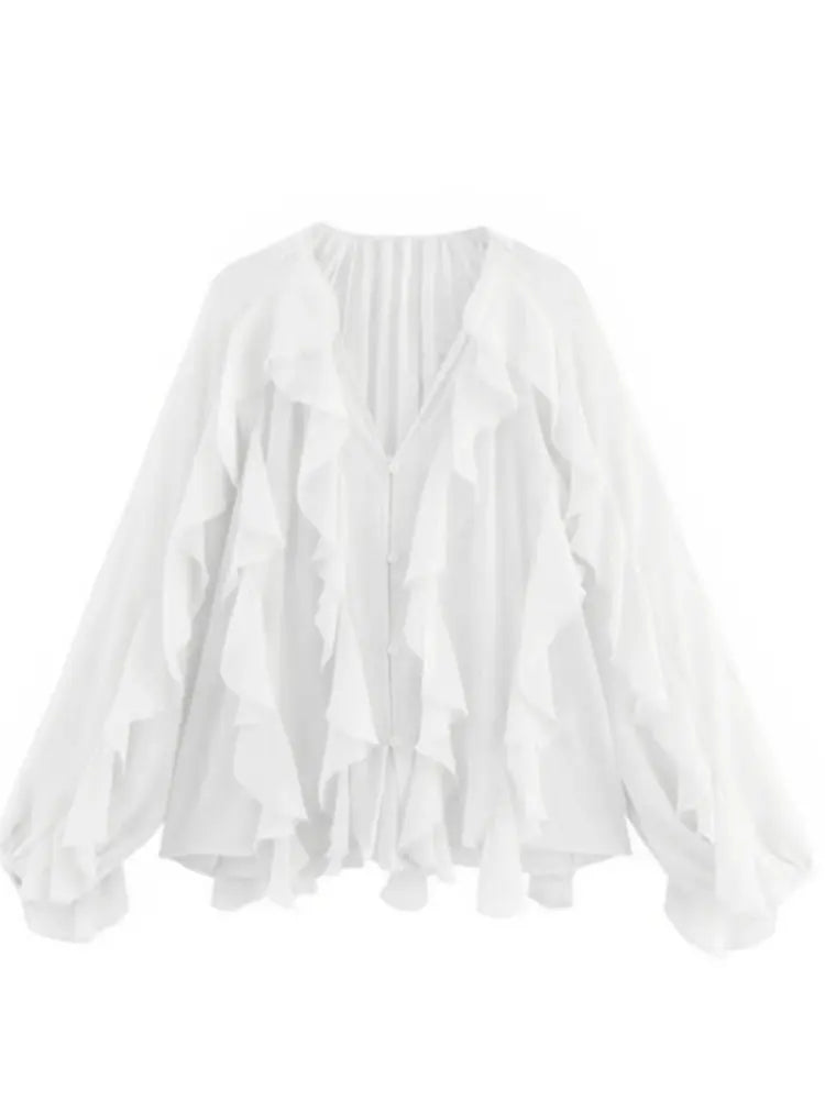 RBB Women's Summer V-Neck Ruffle Blouse – Sheer Tiered Button-Front Beach Top