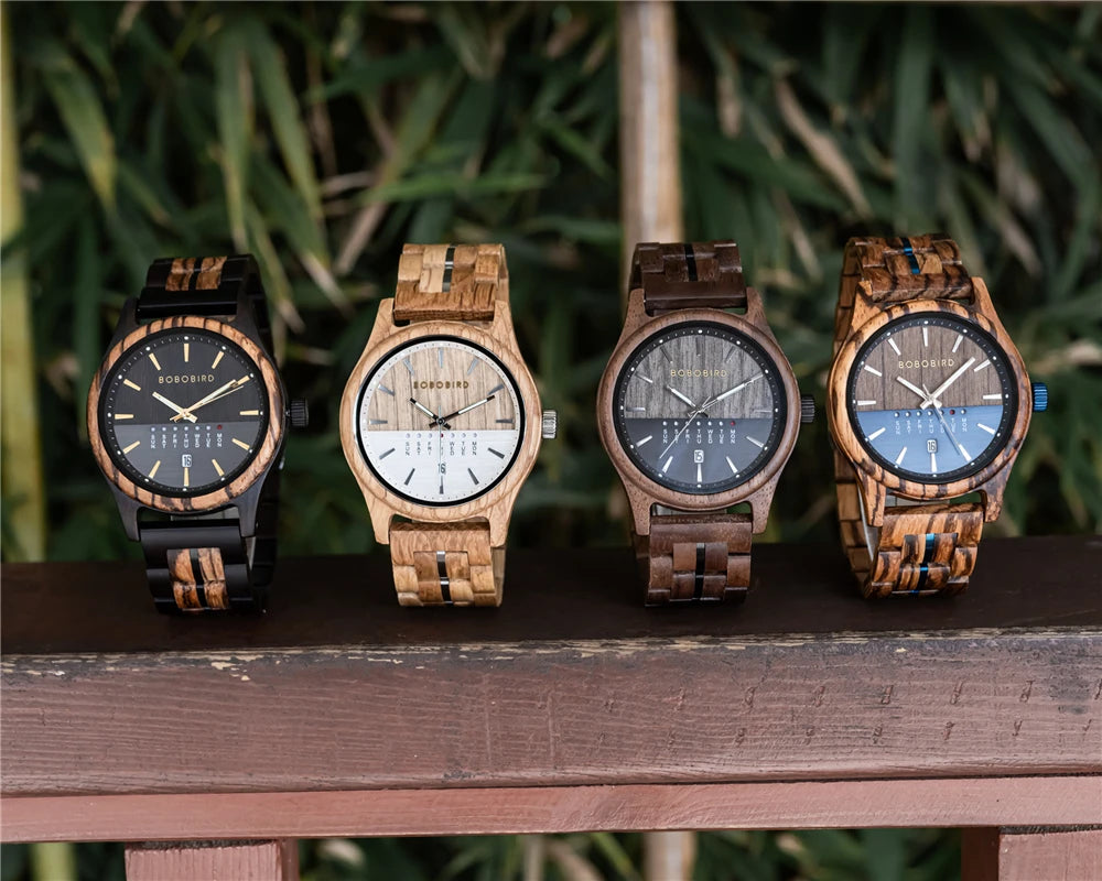 RBB Men's Wooden Quartz Watch – Unique Design with Week & Date Display