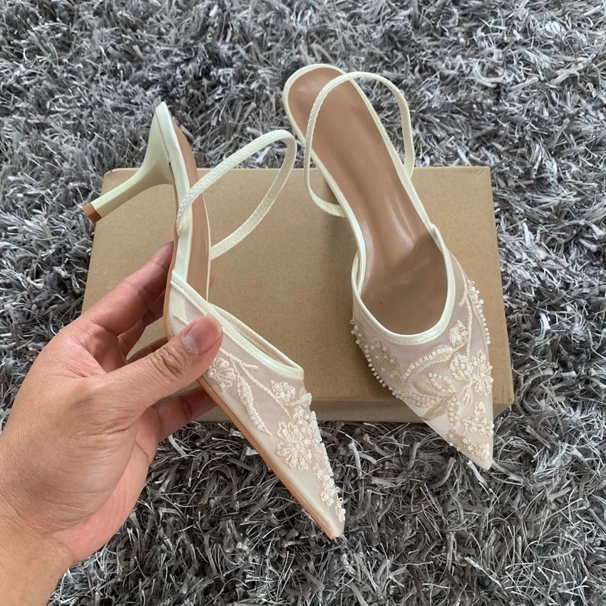 RBB Designer White Wedding Pumps – Embroidered Mesh Floral Slingback High Heels for Women