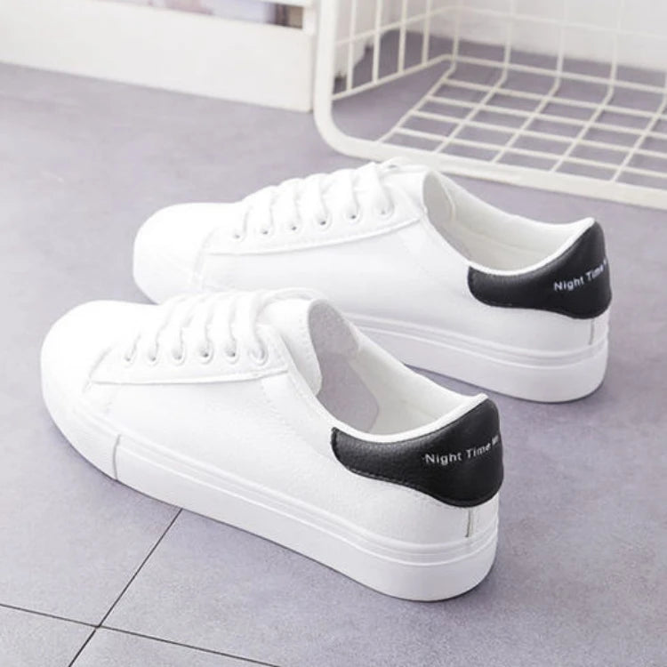 Women’s PU Leather Vulcanized Platform Sneakers – Classic White Casual Shoes