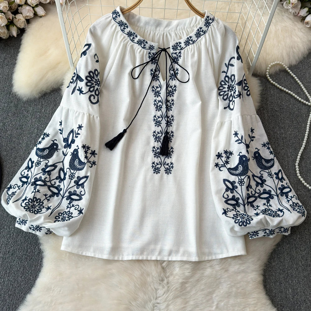 RBB Women's Retro Ethnic Embroidered Shirt –  Style Loose Long Sleeve Blouse