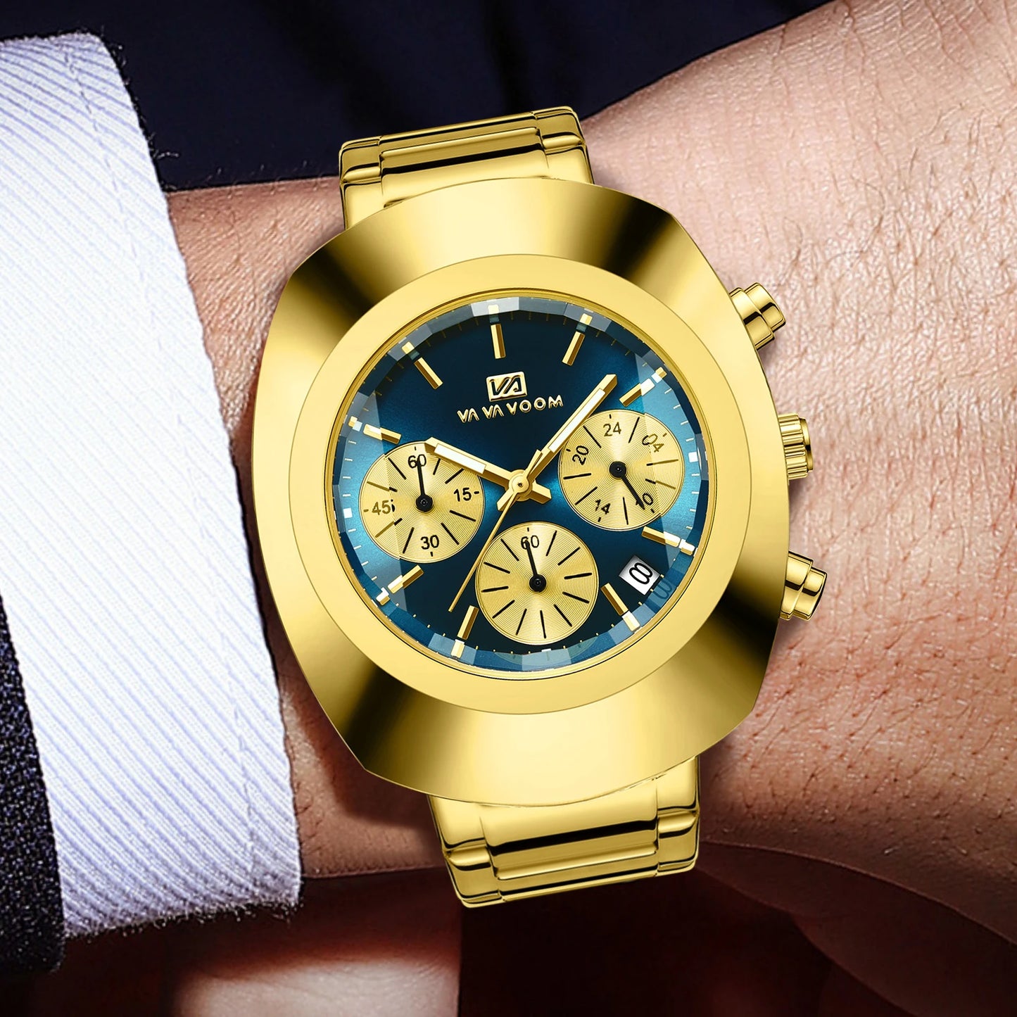 RBB Men's Multifunctional Quartz Watch – Blue & Gold Oval Dial with Stainless Steel Strap