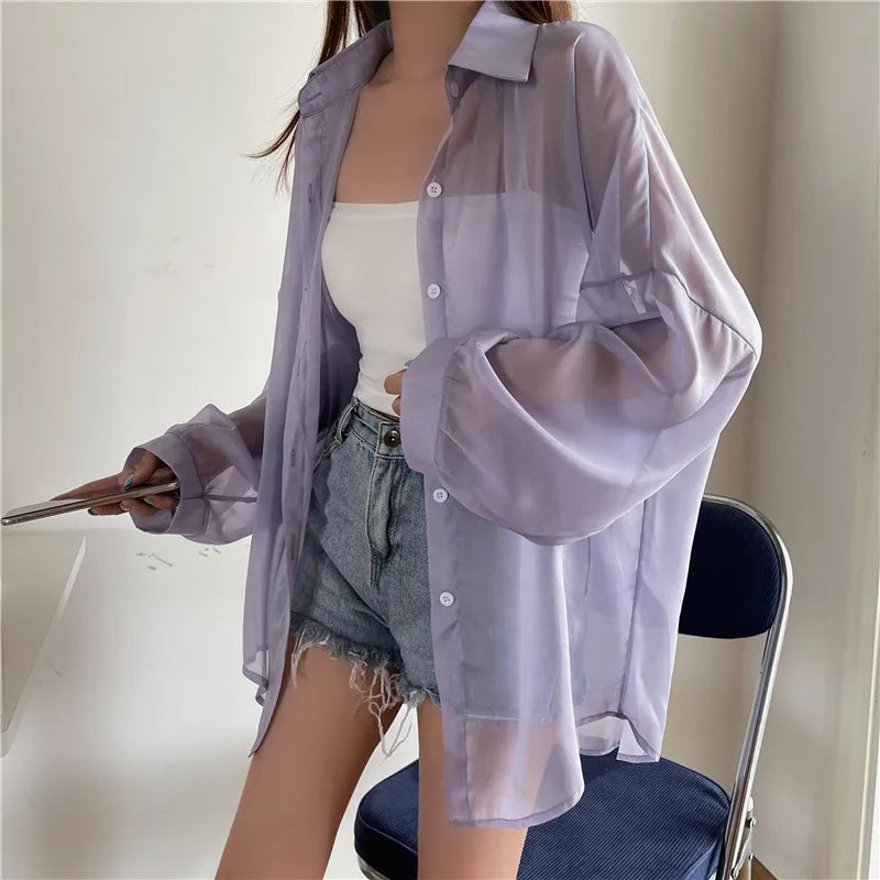 RBB Women’s Semi-Sheer Shimmer Long Sleeve Shirt – Lightweight Button-Down Collared Top for Spring/Summer