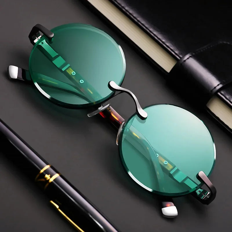 RBB Classic Rimless Retro Round Sunglasses – Unisex Crystal Frame with Dark Green Lenses