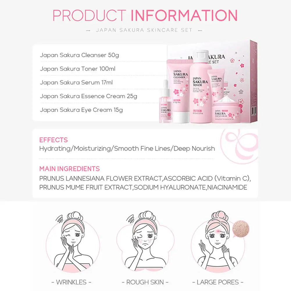 Sakura Skincare Set – 3/5-Piece Face Care Kit with Toner, Serum, Cream & More