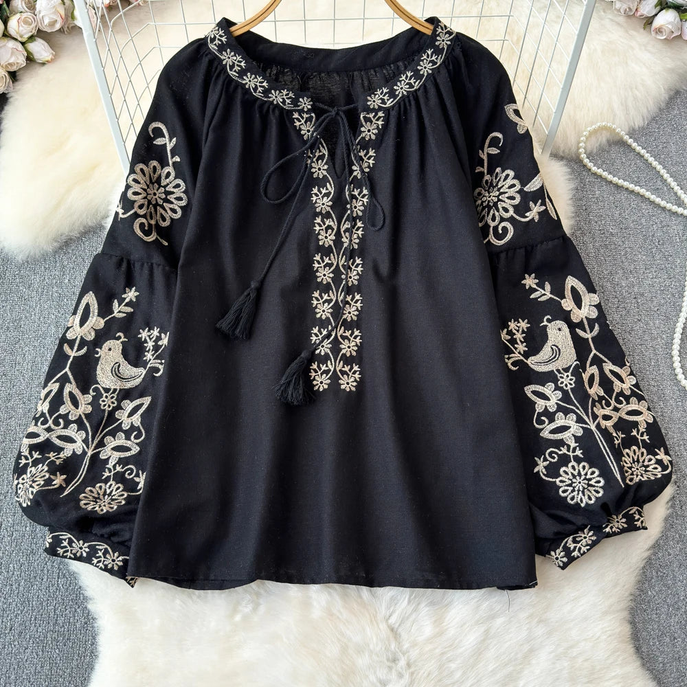 RBB Women's Retro Ethnic Embroidered Shirt –  Style Loose Long Sleeve Blouse