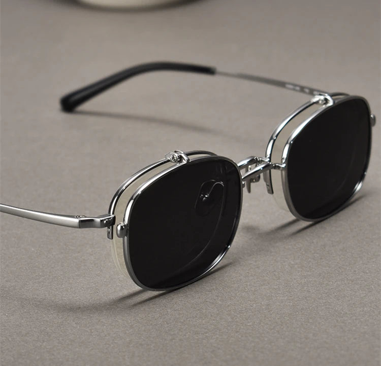 RBB Vintage Titanium Square Glasses Frame with Flip-Up Sunglasses – Semi Rimless Eyewear for Men & Women