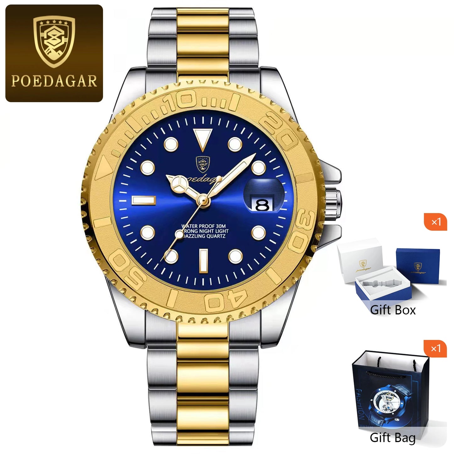 RBB Men’s Waterproof Luminous Stainless Steel Quartz Watch – Business Date Wristwatch with Gift Box