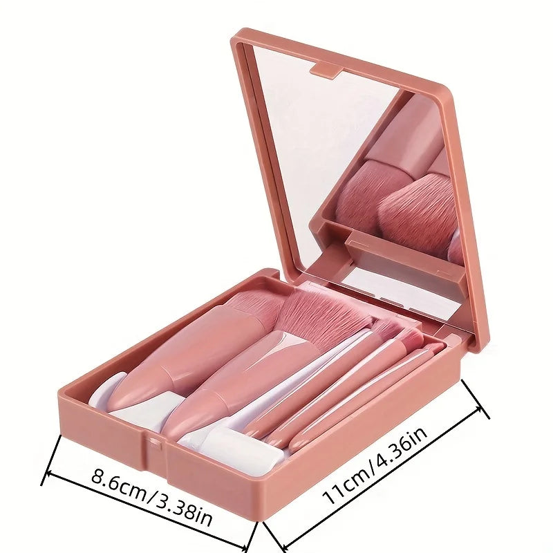 Portable Makeup Brush Kit – 5 Pcs with Foldable Mirror