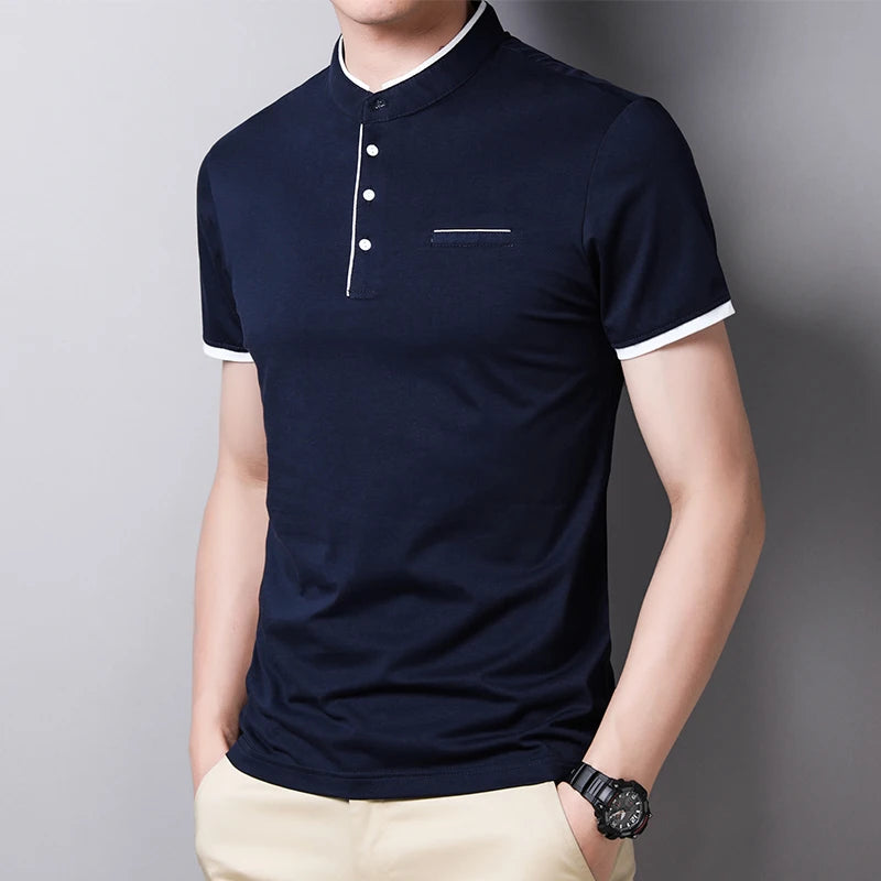 RBB 2025 Men’s Casual Fashion Stand-Up Collar Polo – Solid Color, Short Sleeve, Summer Versatile & Comfortable Top
