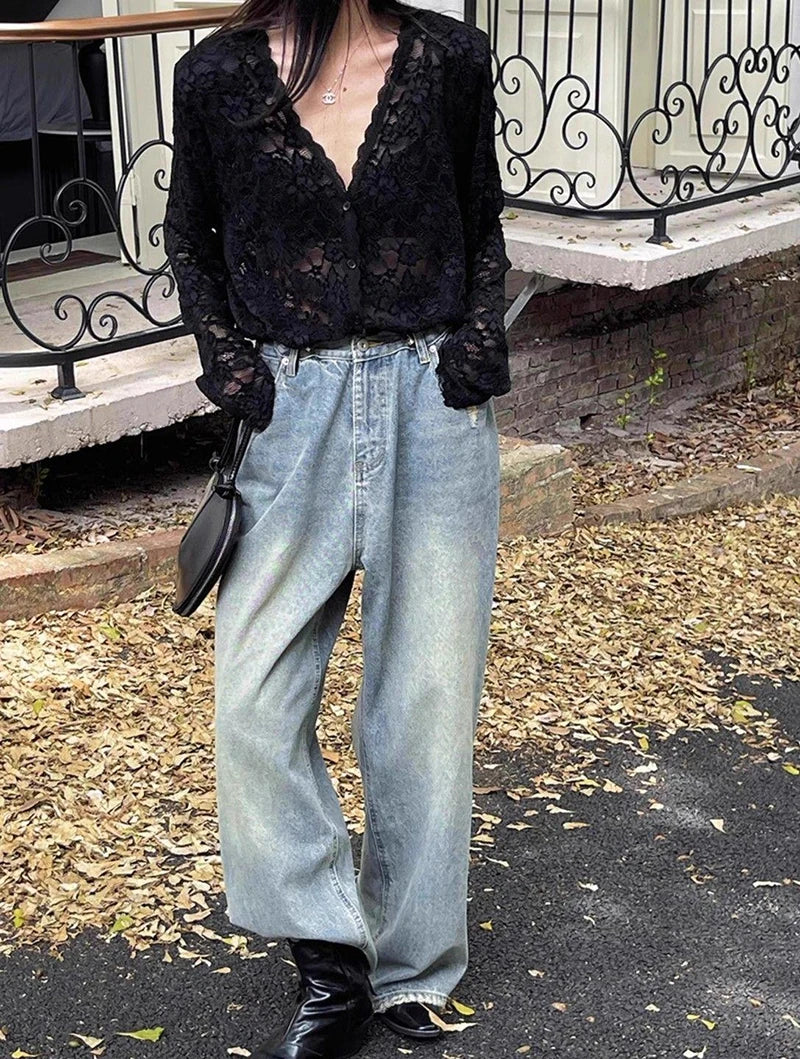 RBB Women's Y2K Lace Sheer Shirt – Sexy Hollow-Out Long Sleeve Streetwear Top