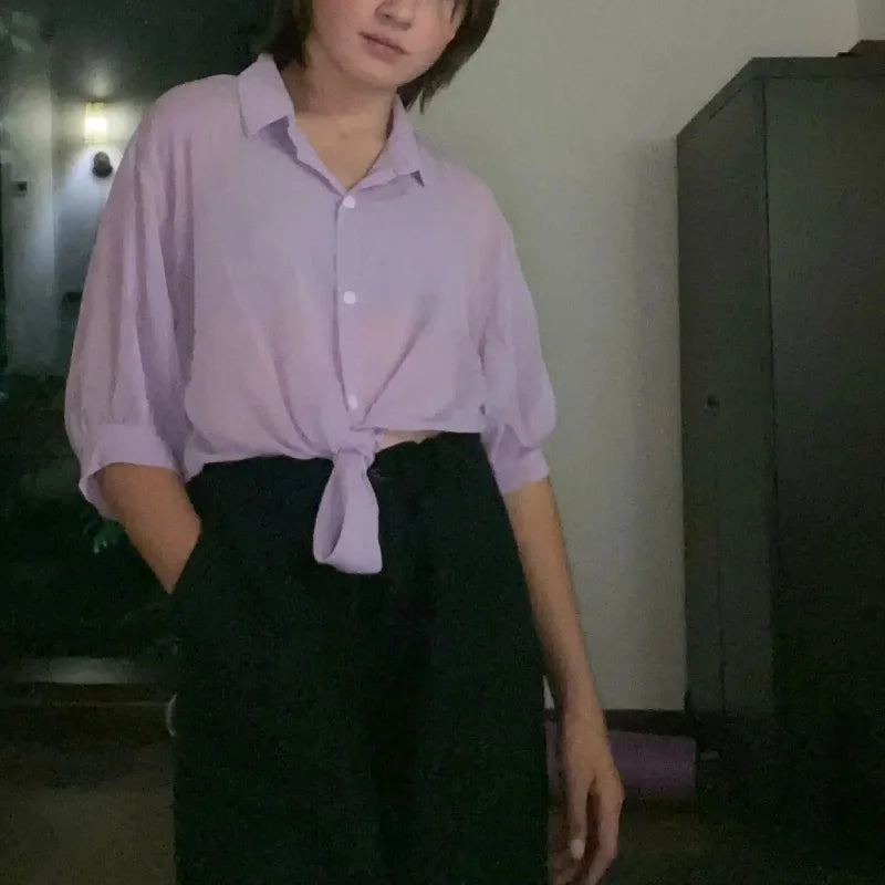 RBB Women's Elegant Hollow Blouse – Tied Waist Chiffon Shirt with Bat Half Sleeves (Summer