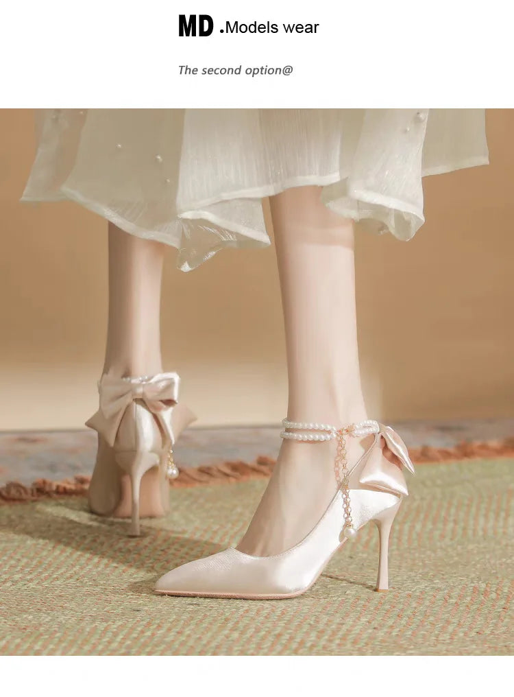 RBB Elegant White Stiletto Heels with Pearl Buckle & Satin Bow – Bridal & Party Pumps (Size 35–40)