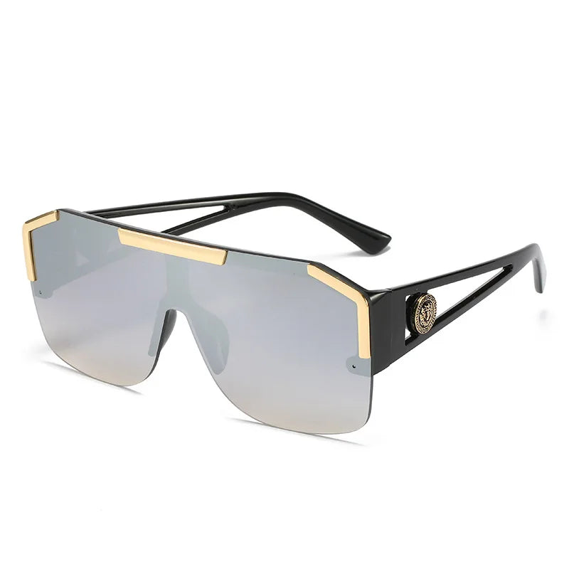 RBB Women's Flat Top One-Piece Sunglasses – Oversized Half Frame with Lion Head Detail | UV400 Big Sun Shades