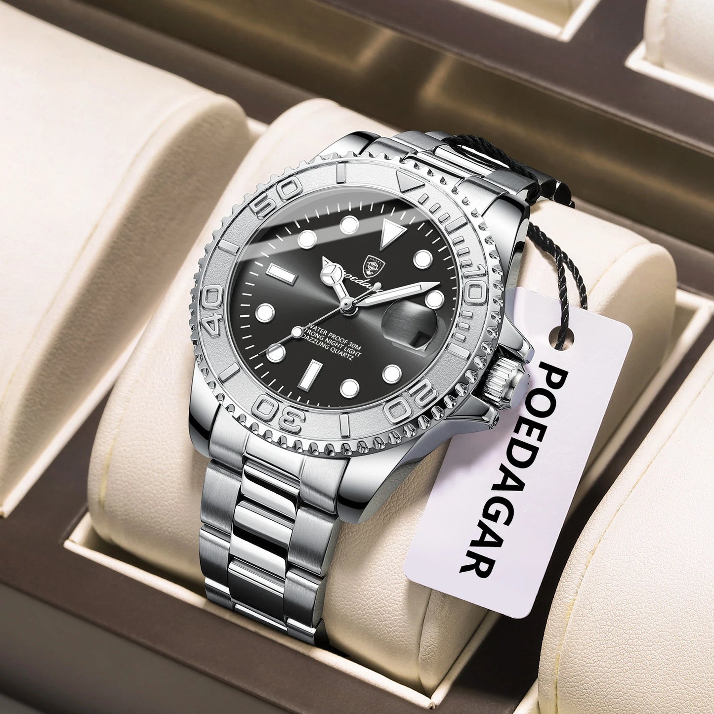 RBB Men’s Waterproof Luminous Stainless Steel Quartz Watch – Business Date Wristwatch with Gift Box