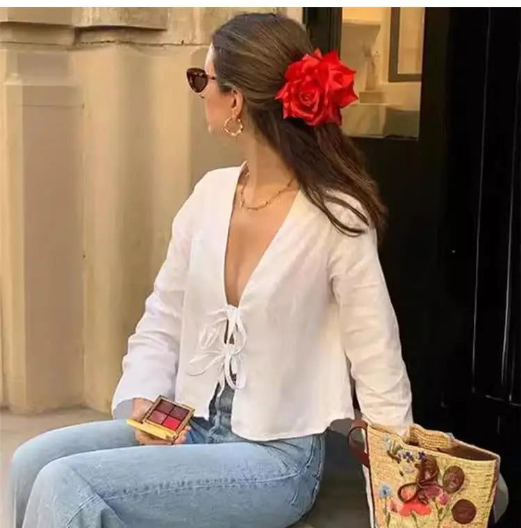 RBB Women's Elegant Lace-Up Bow Shirt – V-Neck Long Flare Sleeve Top