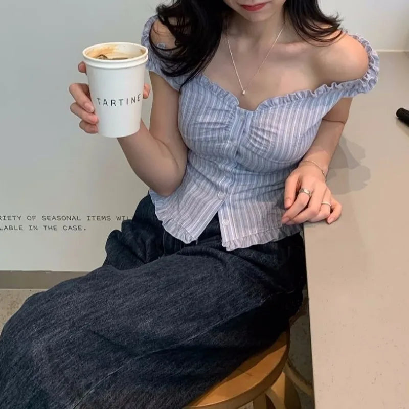 RBB Women's  Striped Lace Trim Shirt – Slim Fit Cotton Long Sleeve Blouse