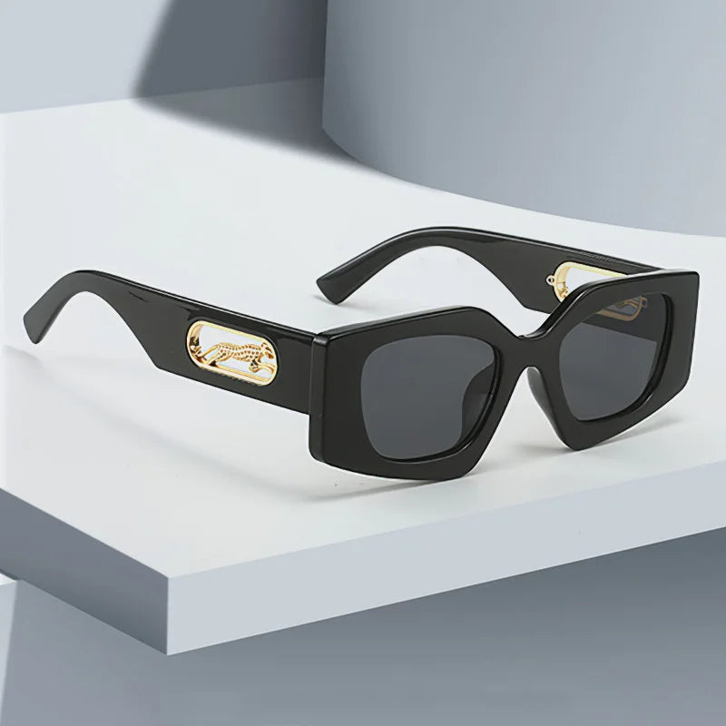 RBB Fashion Sunglasses – 2025 Luxury Geometric Eyewear for Women with Black Frame & Leopard Gold Decoration