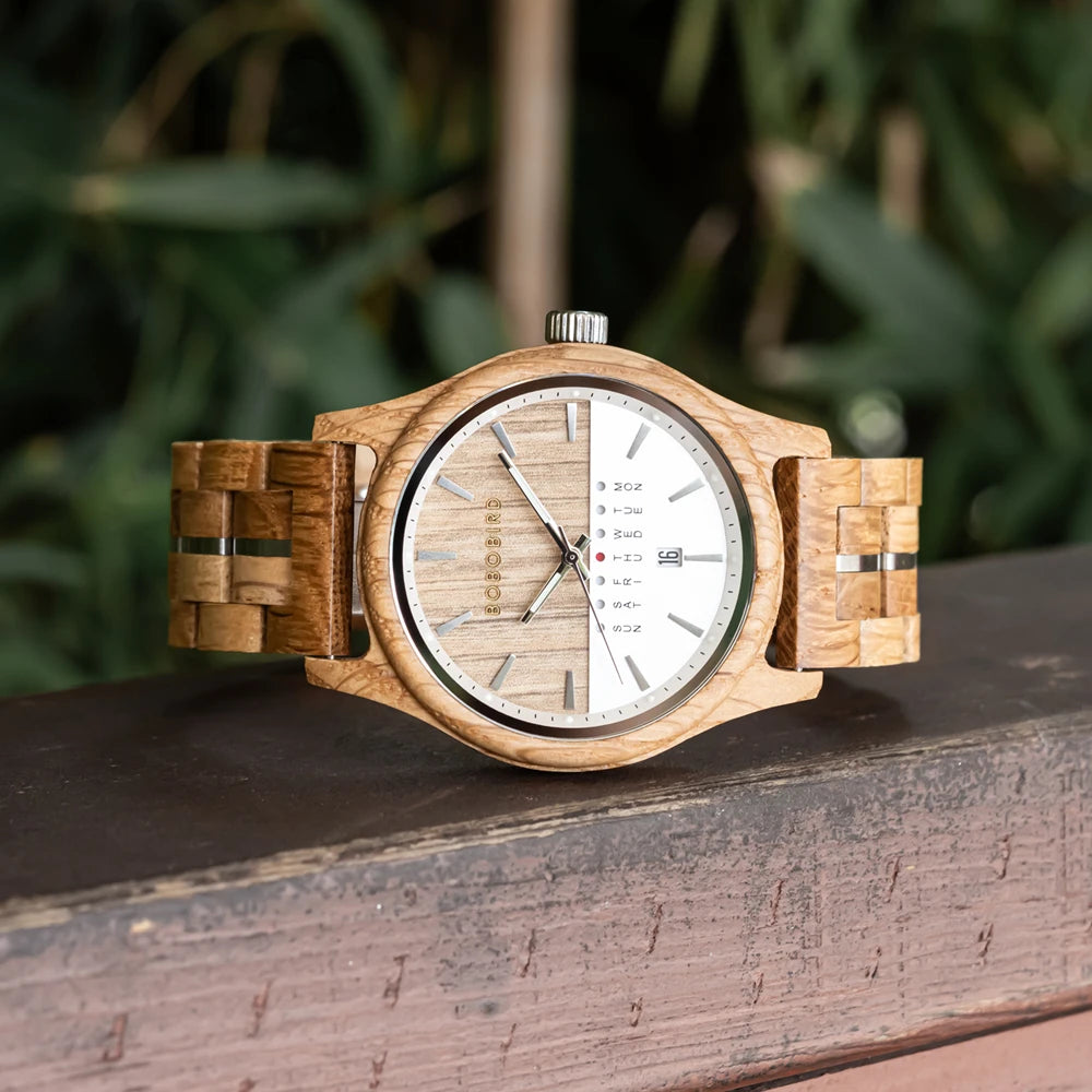 RBB Men's Wooden Quartz Watch – Unique Design with Week & Date Display