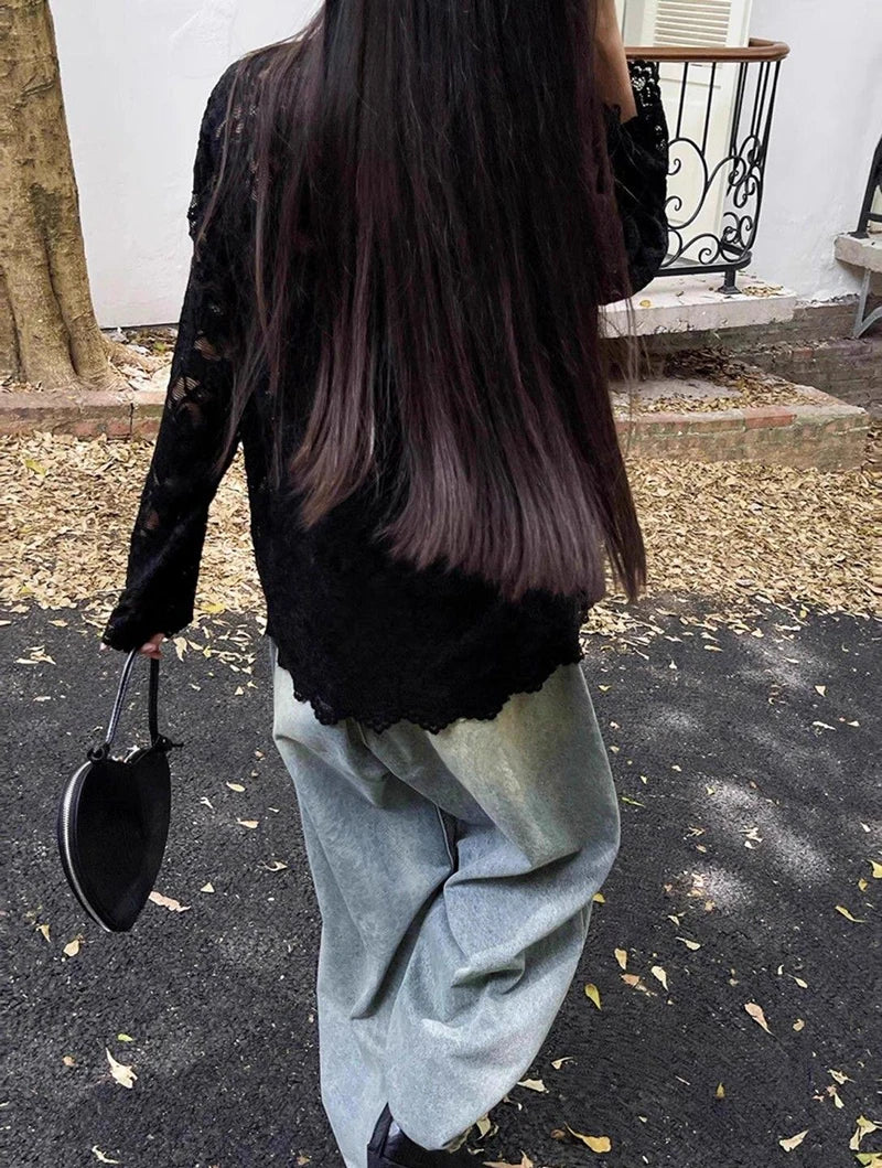 RBB Women's Y2K Lace Sheer Shirt – Sexy Hollow-Out Long Sleeve Streetwear Top