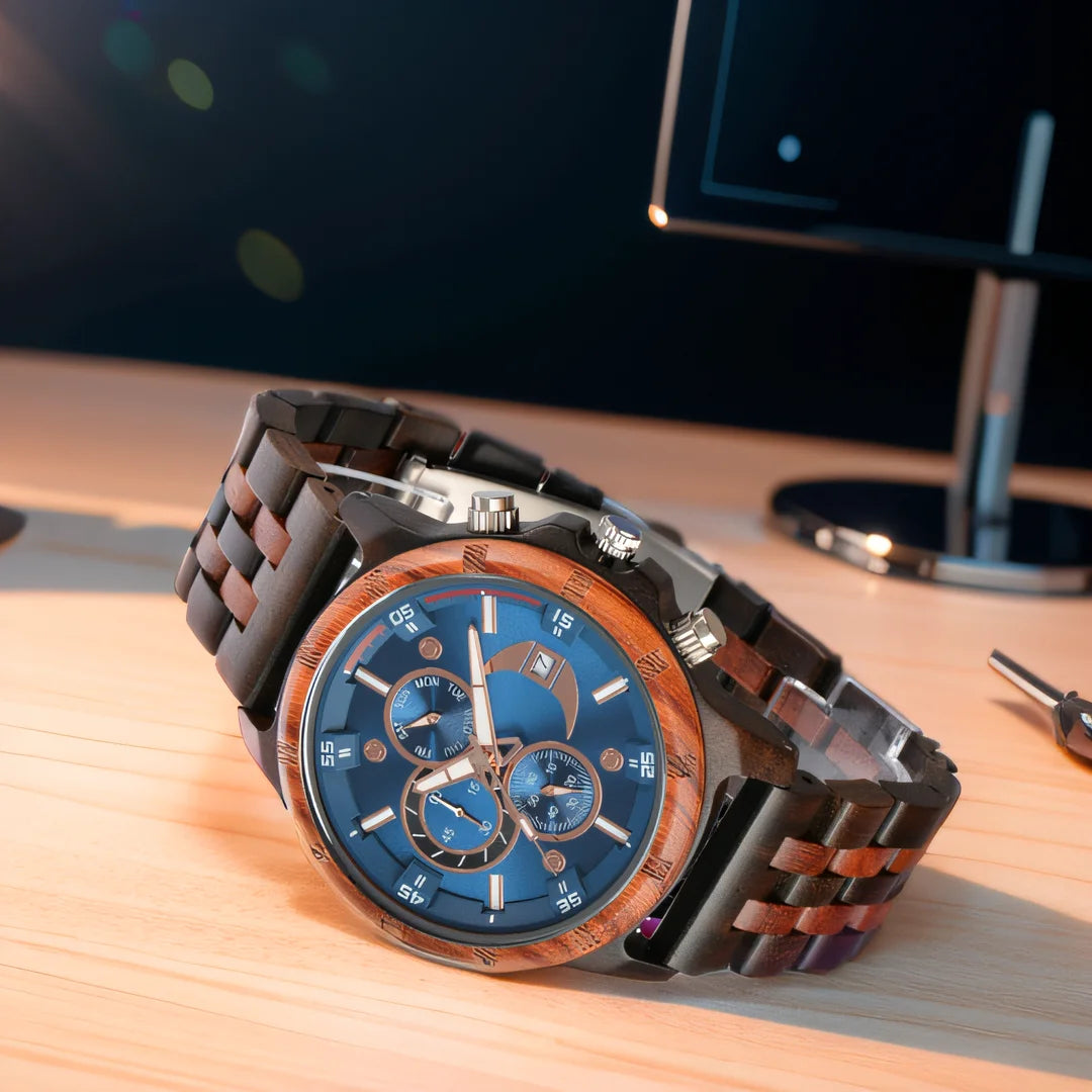 RBB Men’s Wooden Quartz Watch – Date & Week Display with Gift Box