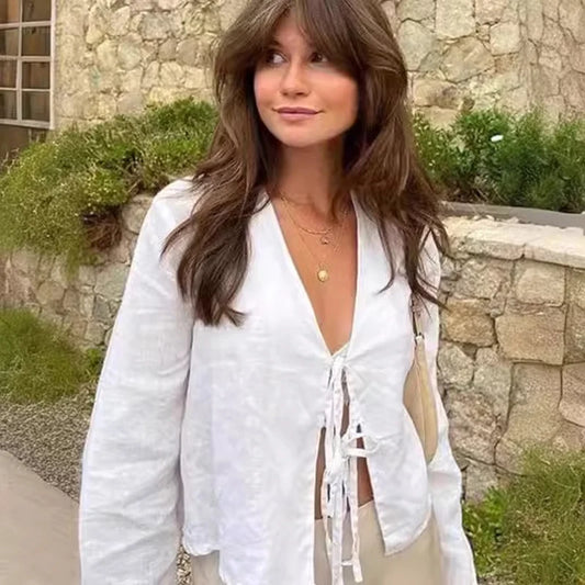 RBB Women's Elegant Lace-Up Bow Shirt – V-Neck Long Flare Sleeve Top