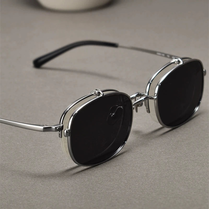 RBB Vintage Titanium Square Glasses Frame with Flip-Up Sunglasses – Semi Rimless Eyewear for Men & Women