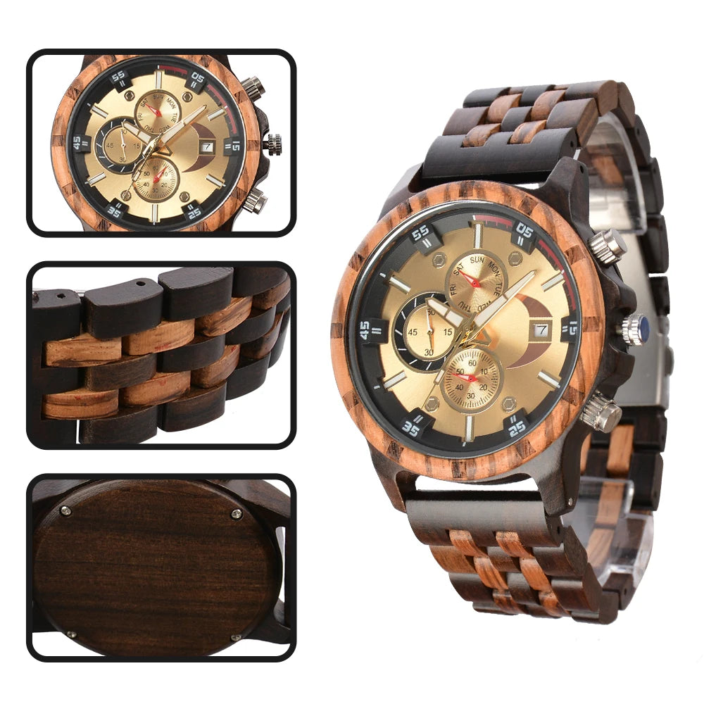 RBB Men’s Wooden Quartz Watch – Date & Week Display with Gift Box