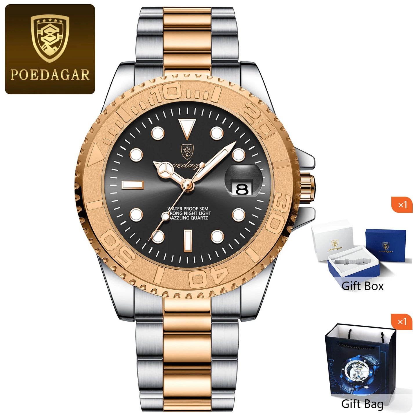 RBB Men’s Waterproof Luminous Stainless Steel Quartz Watch – Business Date Wristwatch with Gift Box