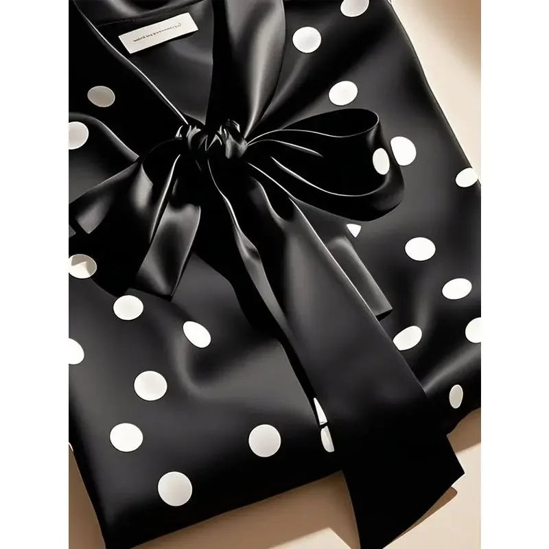 RBB Women's Satin Polka Dot Blouse – Elegant Lace-Up Bow Long Sleeve Top