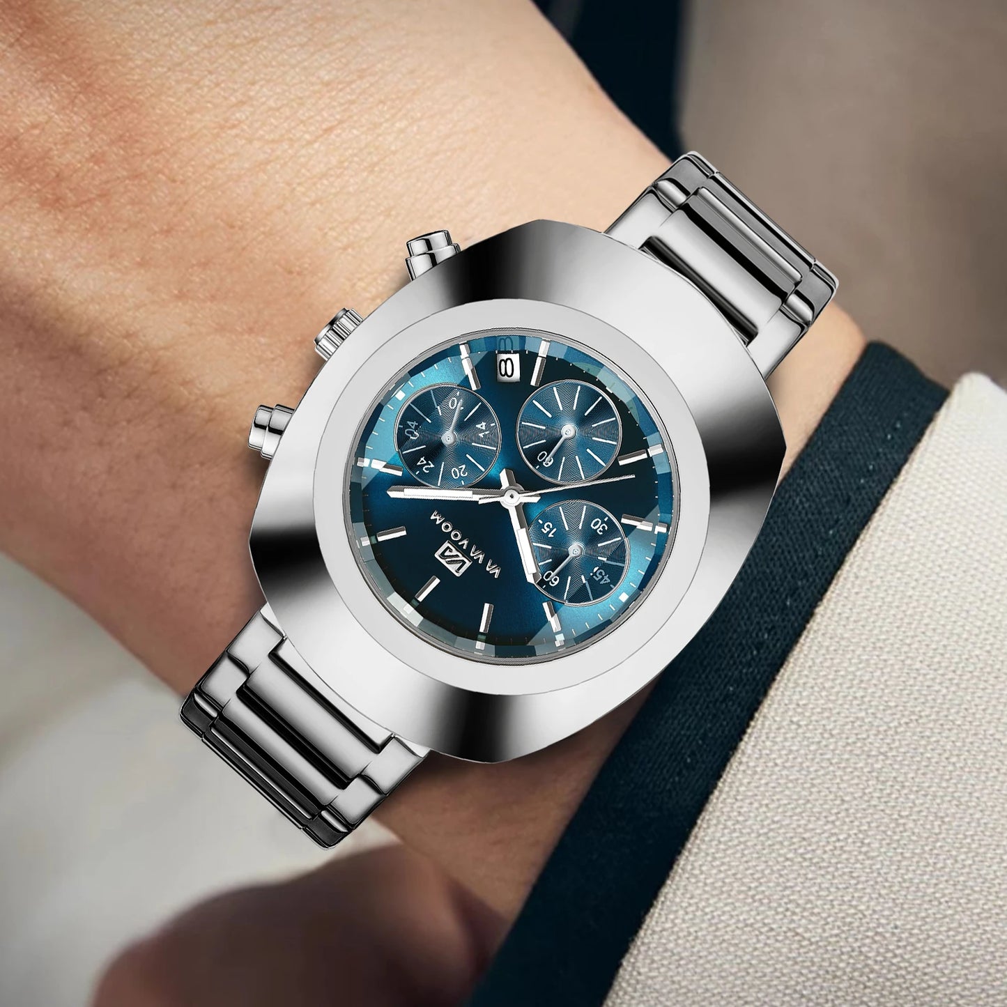 RBB Men's Multifunctional Quartz Watch – Blue & Gold Oval Dial with Stainless Steel Strap