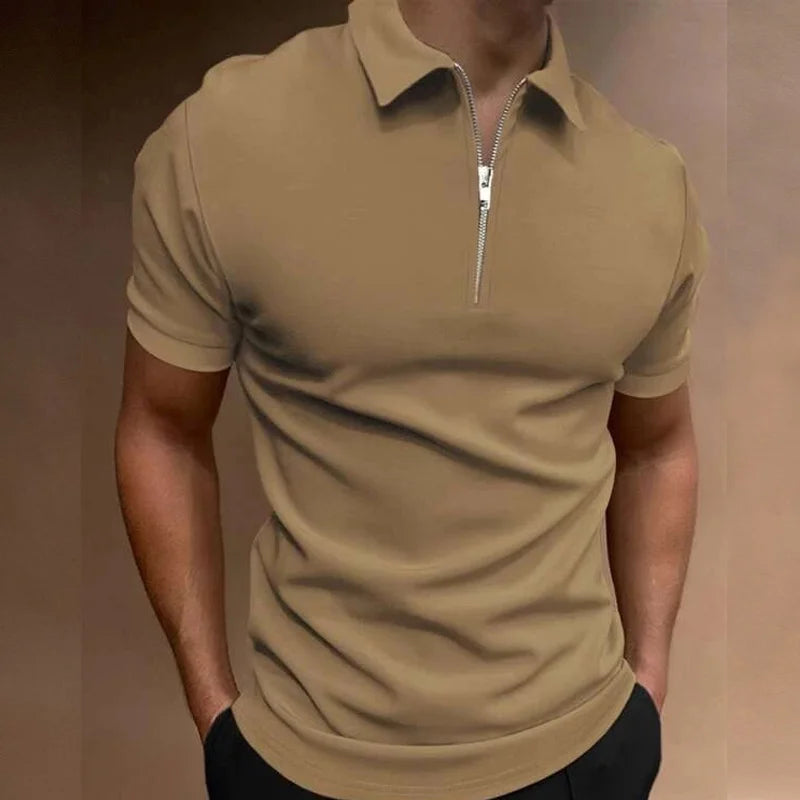 RBB Men’s Summer Solid Color Polo Shirt – Casual Short Sleeve Zipper Collar Streetwear Top