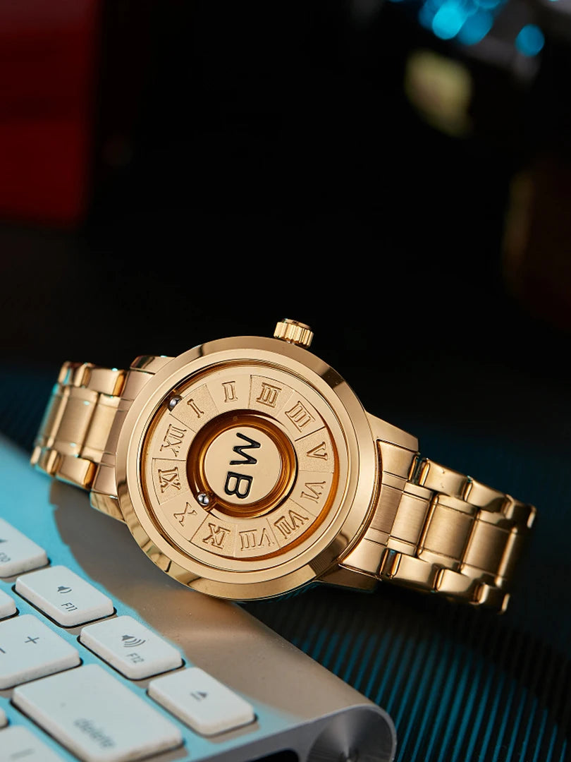 RBB New Men’s Black Stainless Steel Quartz Wristwatch – Magnetic Bead Pointer, Conceptual Dial, Casual Style