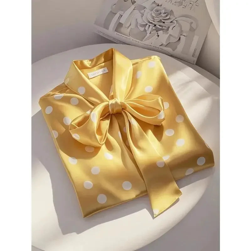 RBB Women's Satin Polka Dot Blouse – Elegant Lace-Up Bow Long Sleeve Top