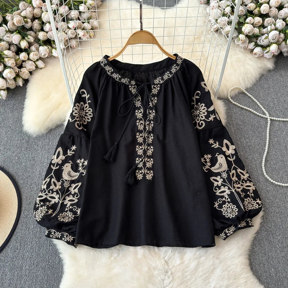 RBB Women's Retro Ethnic Embroidered Shirt –  Style Loose Long Sleeve Blouse