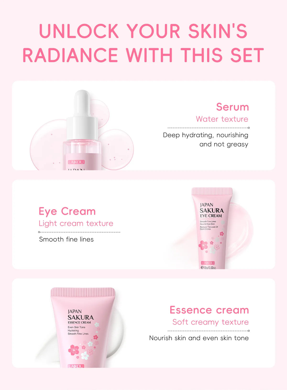 3-Piece Sakura Skincare Set – Cream, Serum & Eye Cream for Daily Moisturizing